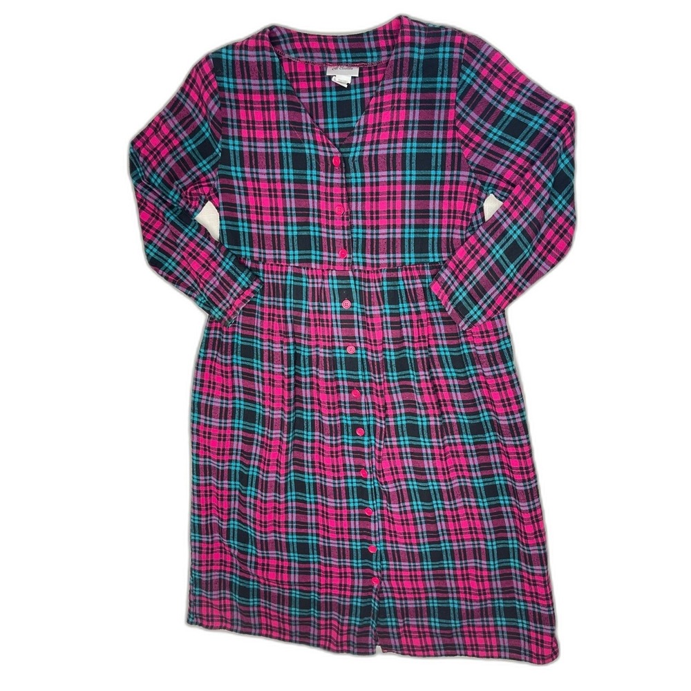 Vintage 90s Pink Teal Black Plaid Button Down Dress S Long Sleeve V-Neck Cotton